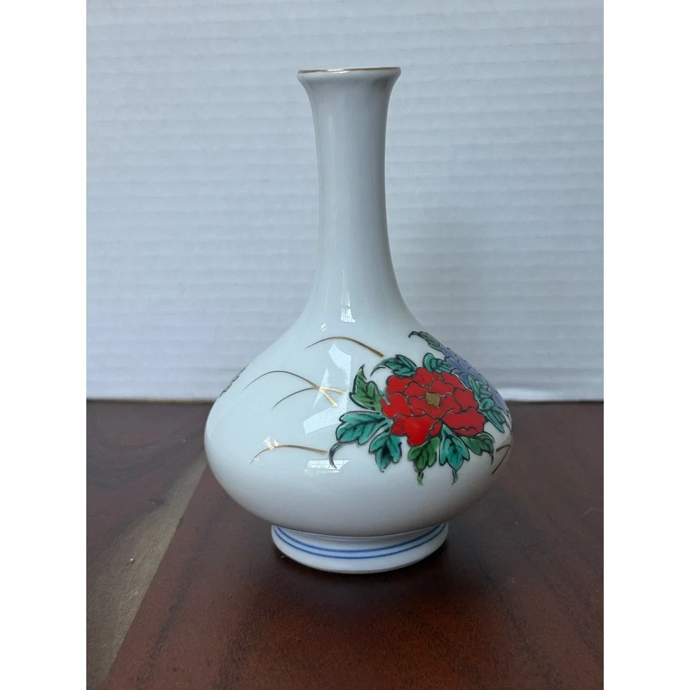 Vintage Japanese Kutani‎ Porcelain Bud Vase Floral Peony Gold Trim Hand Painted